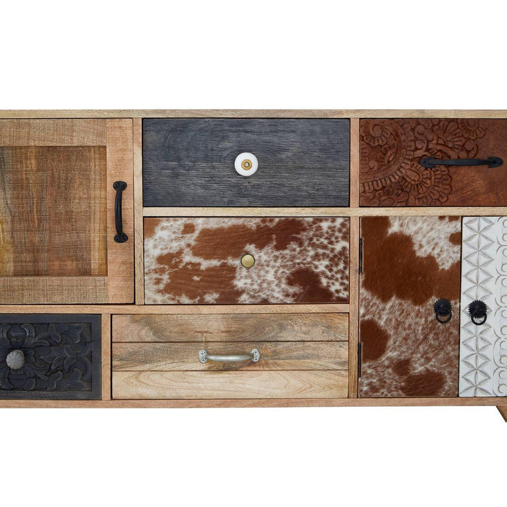 Eclectic Cowhide and Carved Wood Sideboard