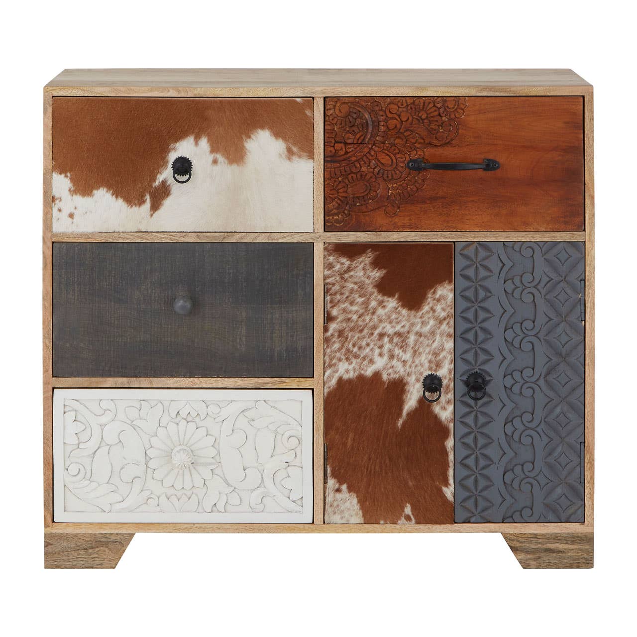 Eclectic Wood Finish Sideboard with Cowhide Accents