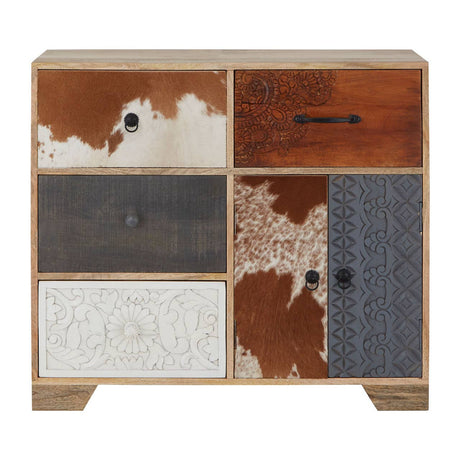 Eclectic Wood Finish Sideboard with Cowhide Accents