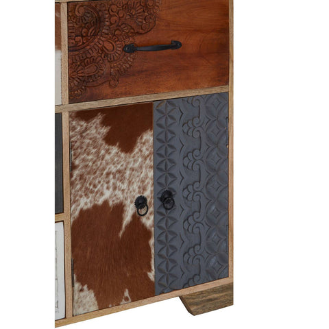Eclectic Wood Finish Sideboard with Cowhide Accents