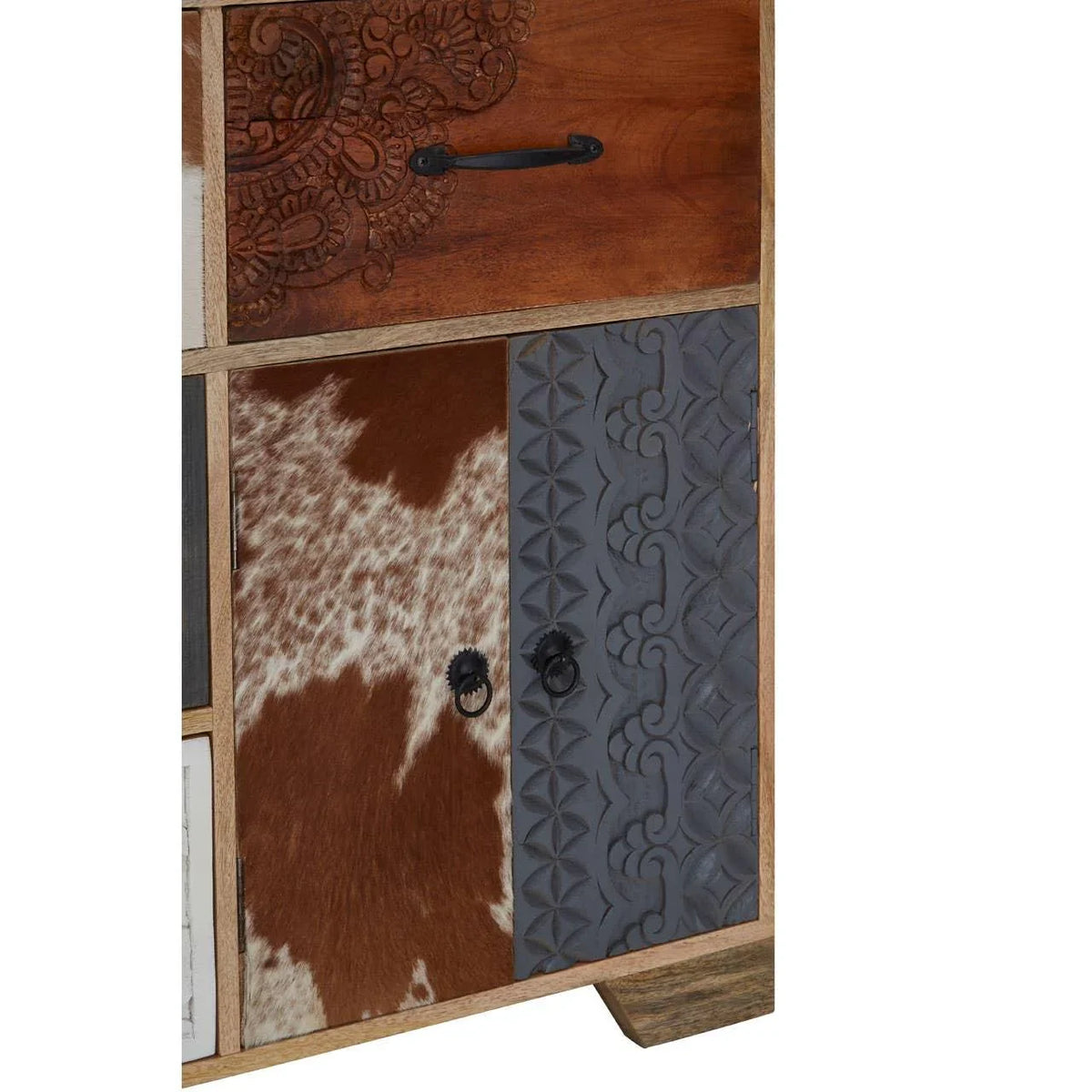 Wooden cabinet close up with embossed grey door and cowhide door panel