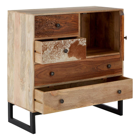 Exotic Carved Mango Wood Sideboard with Cowhide Accents