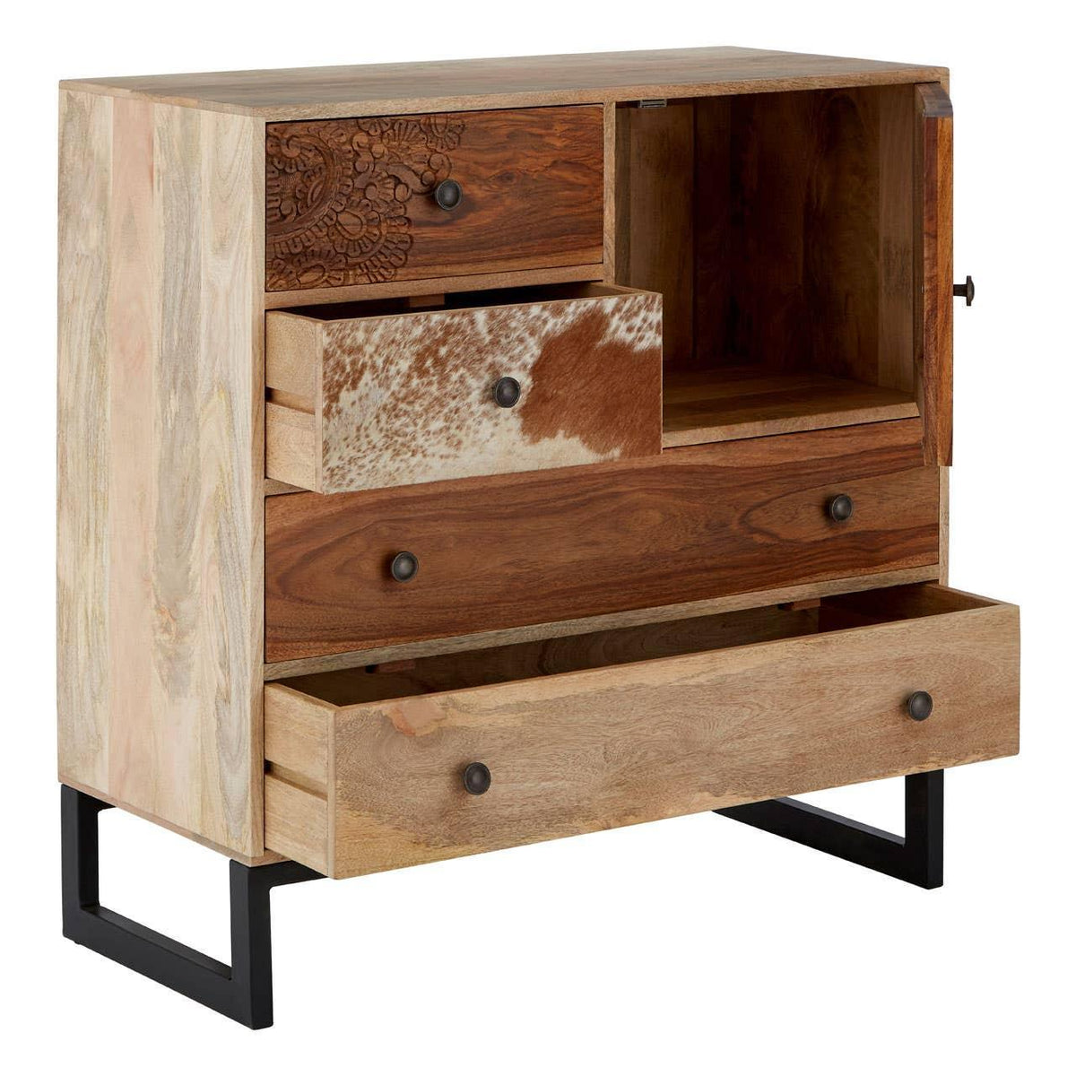 Wooden chest of drawers with mixed textures, carved detail, cowhide accent and black legs