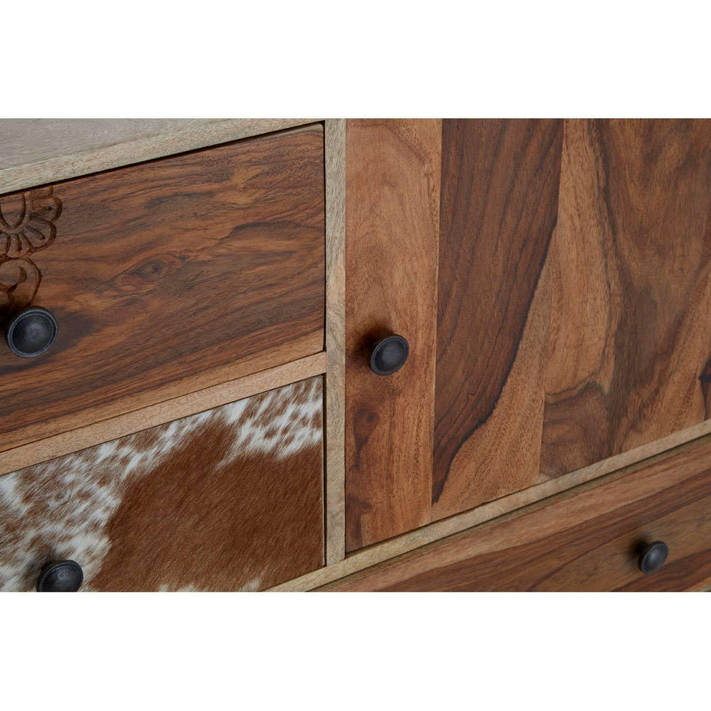Exotic Carved Mango Wood Sideboard with Cowhide Accents