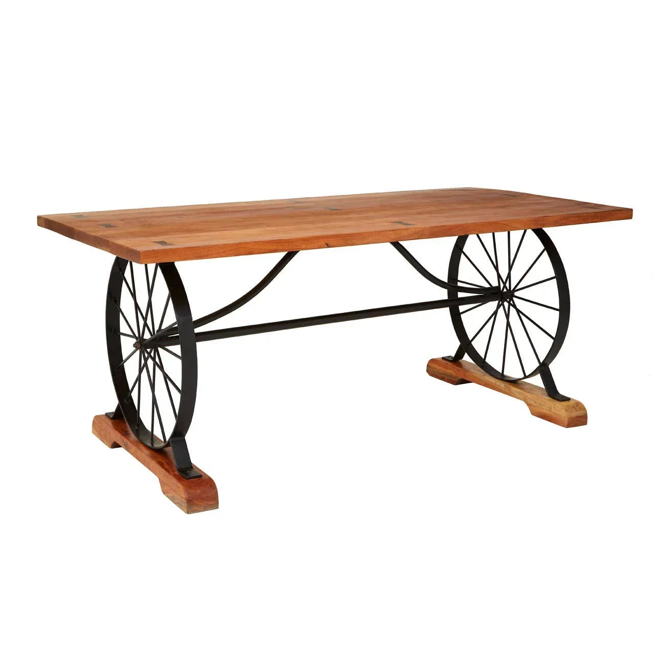 Industrial dining table with wooden top and black metal wheel legs on white background