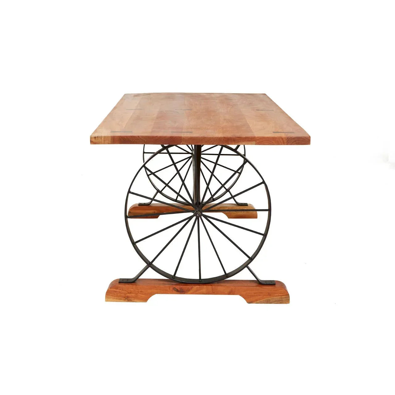 Industrial dining table with solid wood top and metal wheel base, front view