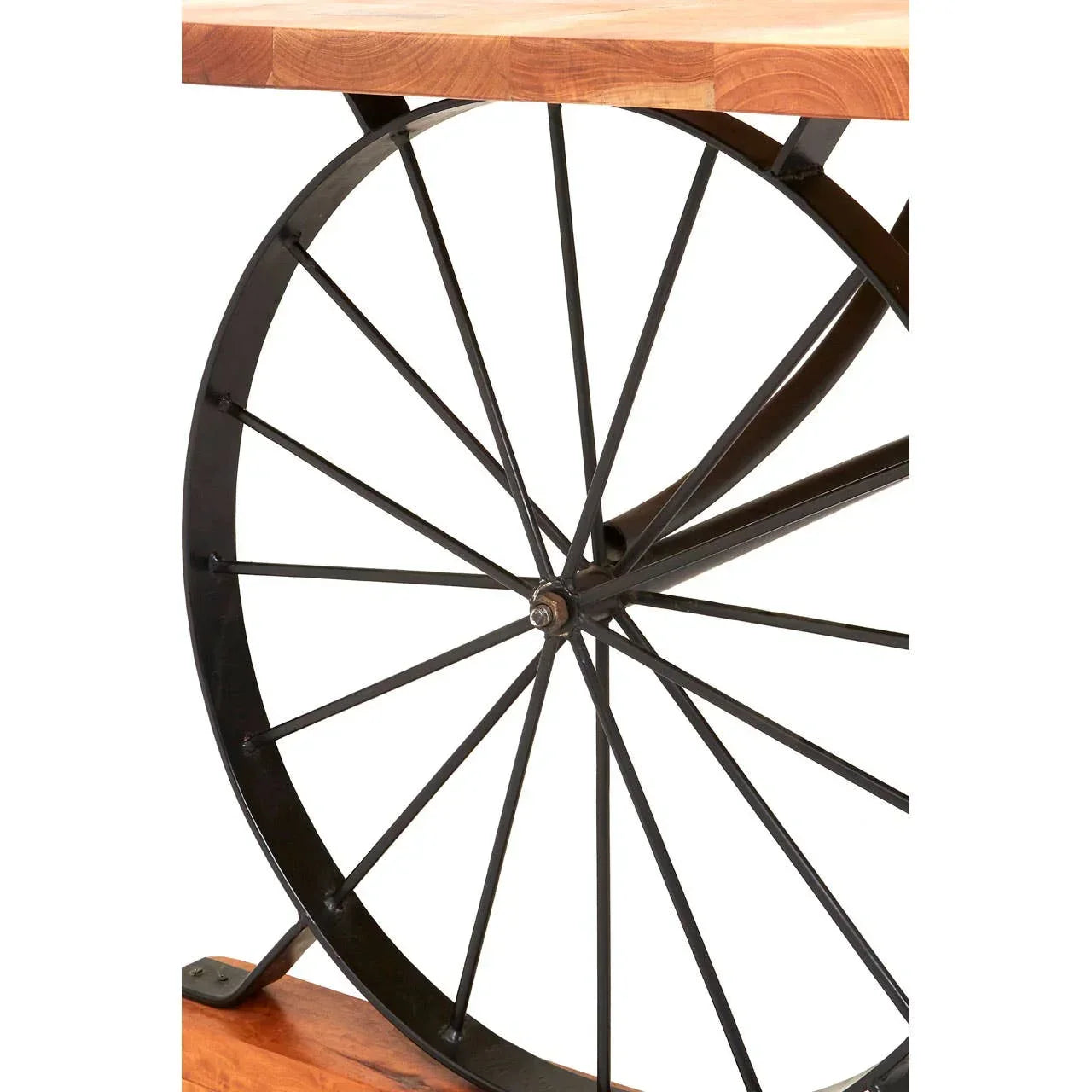 Industrial coffee table with black metal wheel base and wooden top, side view