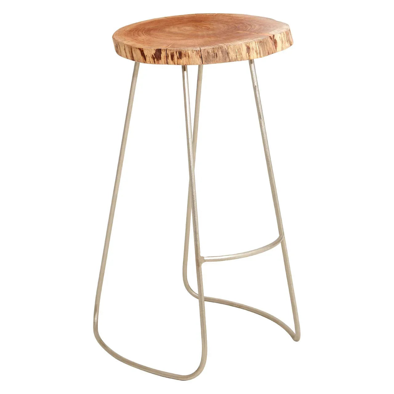 Wooden bar stool with round natural wood seat and metal frame, front angle view