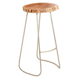 Wooden bar stool with round natural wood seat and metal frame, front angle view
