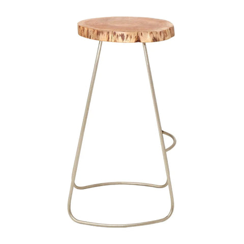 Natural wood bar stool with round seat and metal frame, modern minimalist design