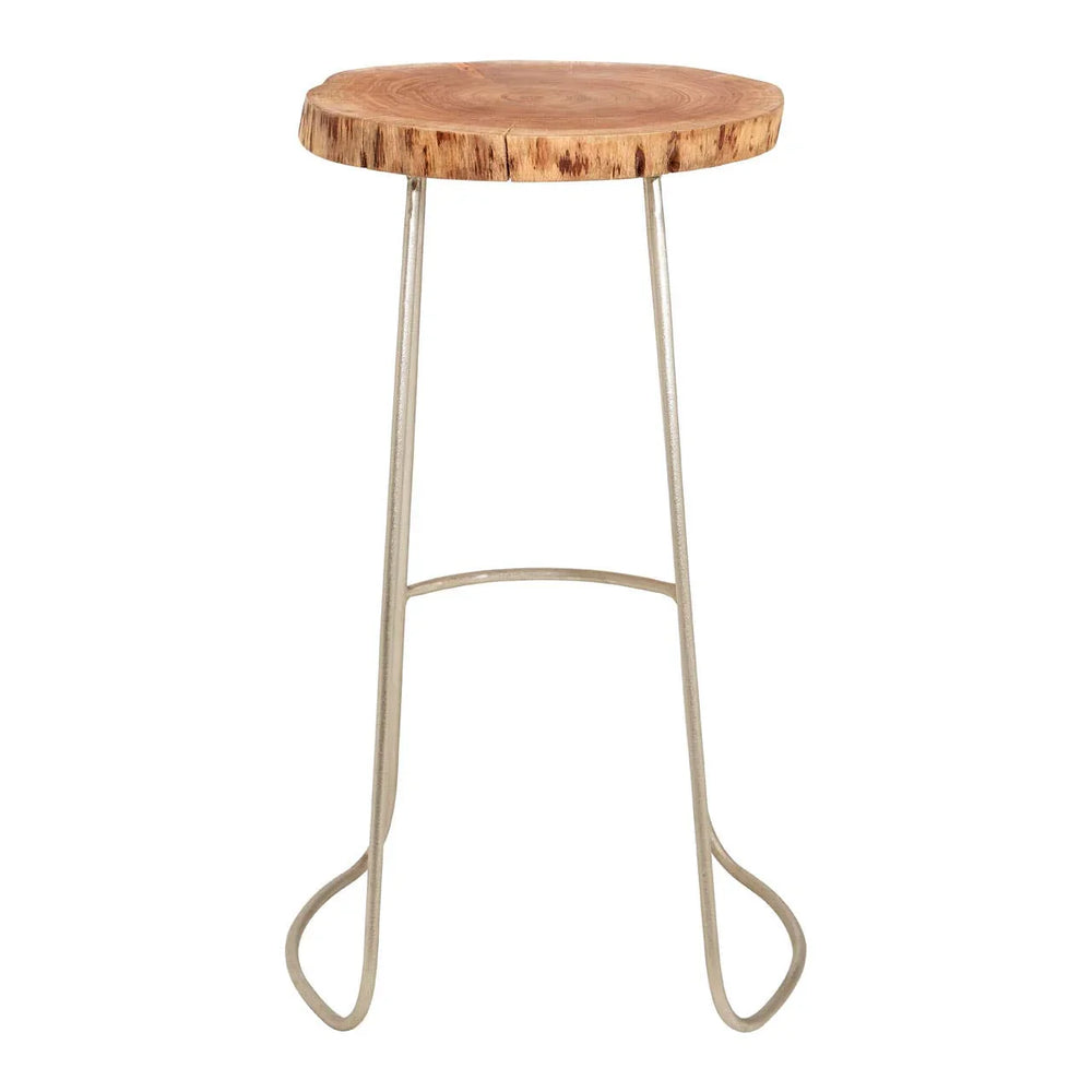 Round wooden bar stool with natural edge top and metal hairpin legs