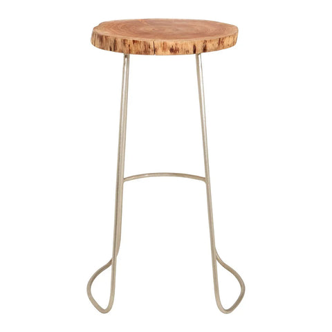 Round wooden bar stool with natural edge top and metal hairpin legs