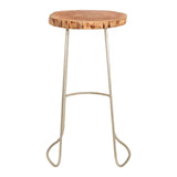 Round wooden bar stool with natural edge top and metal hairpin legs