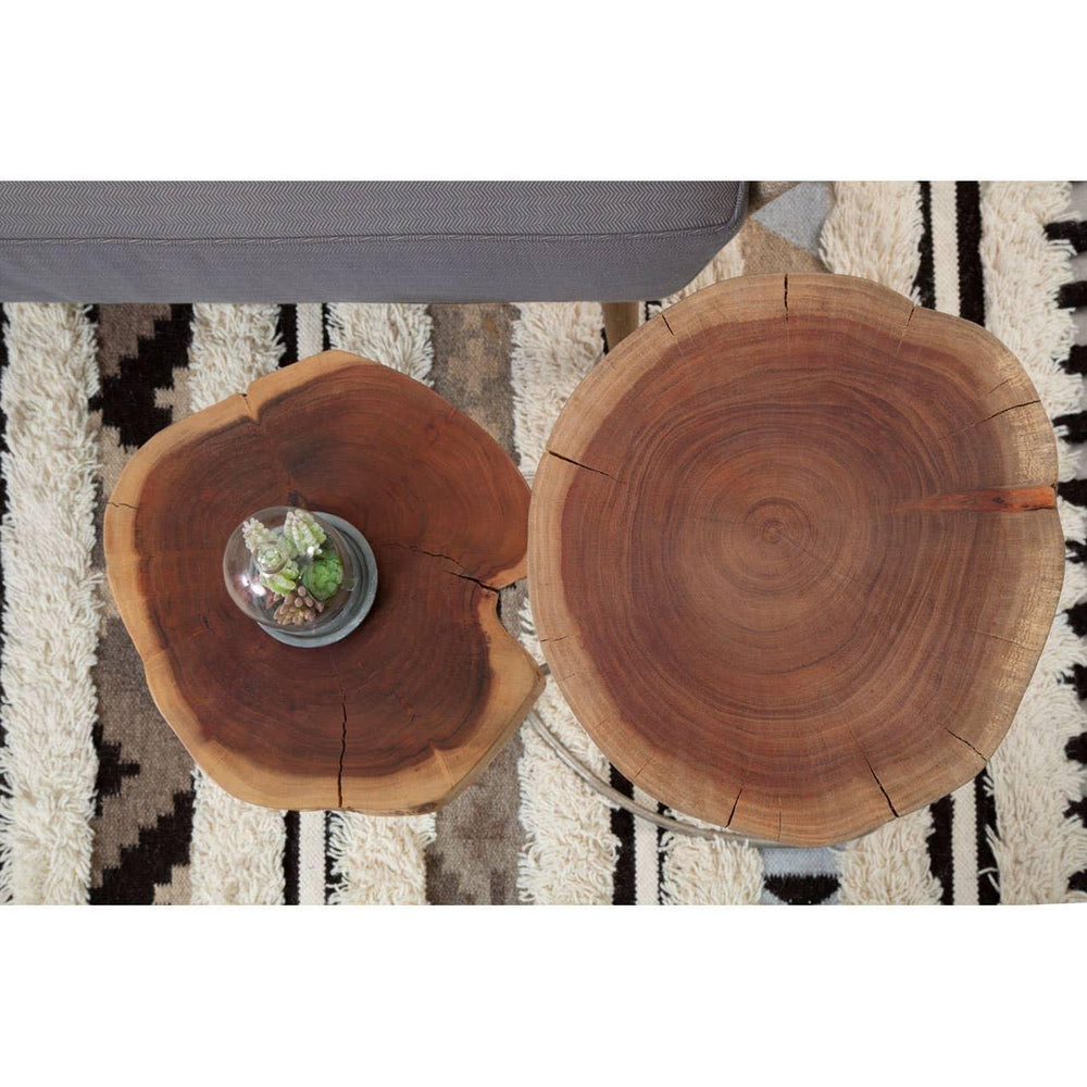 Pair of round solid wood coffee tables with visible grain on patterned rug