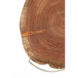 Round wooden coffee table top with natural grain and visible cracks on metal legs