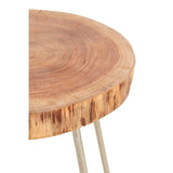 Round wood side table top with visible natural grain and metal hairpin legs