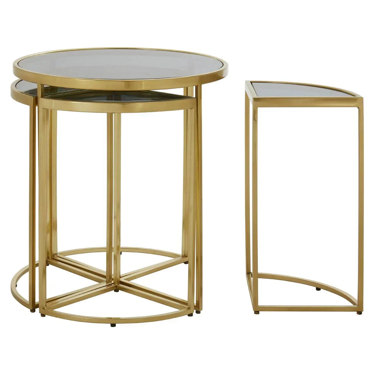 Gold metal nest of tables with glass tops, round and semi-circle design, modern living room furniture