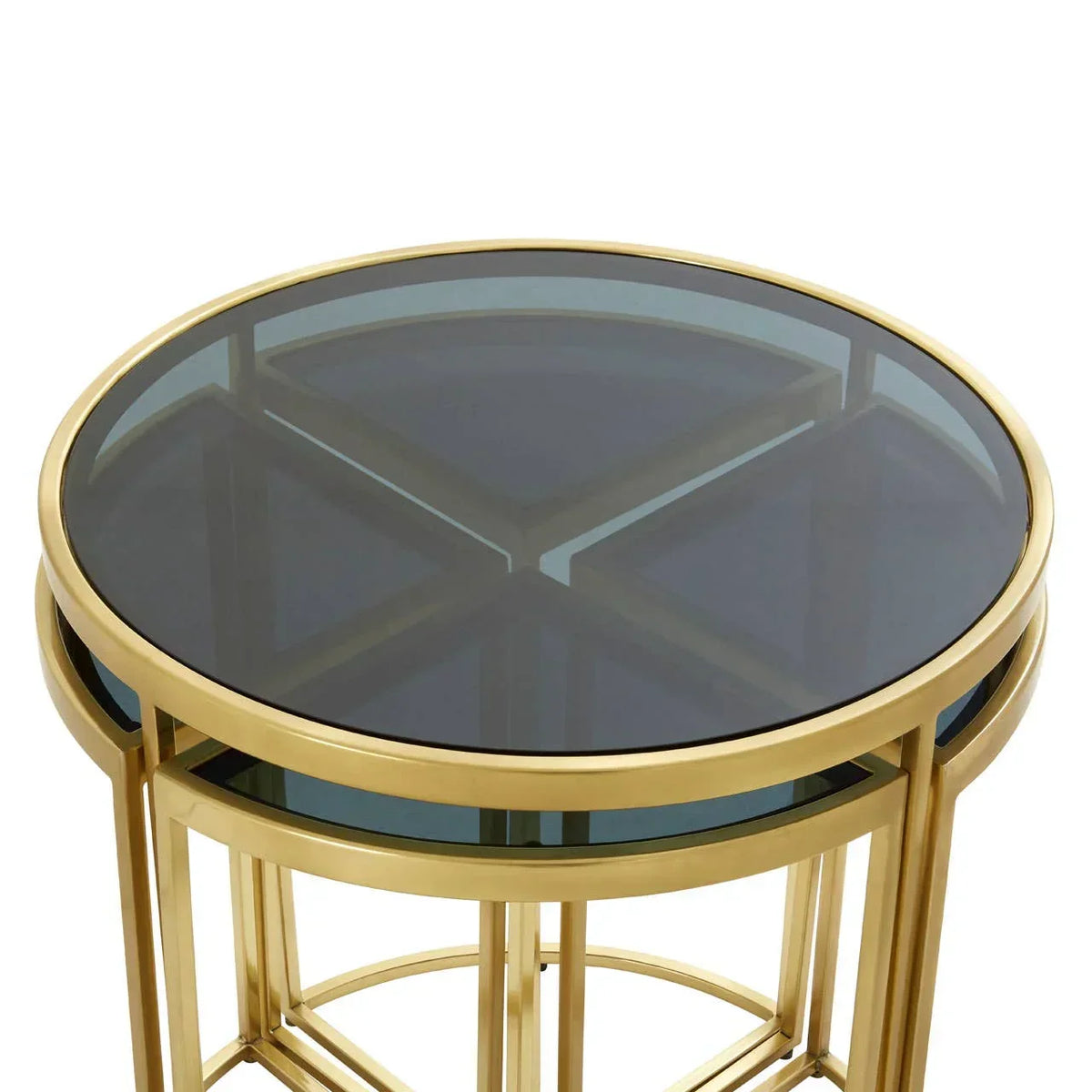 Round gold side table with smoked glass top and geometric metal frame