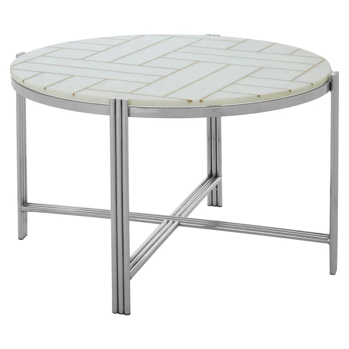 Round marble coffee table with herringbone pattern and chrome metal legs