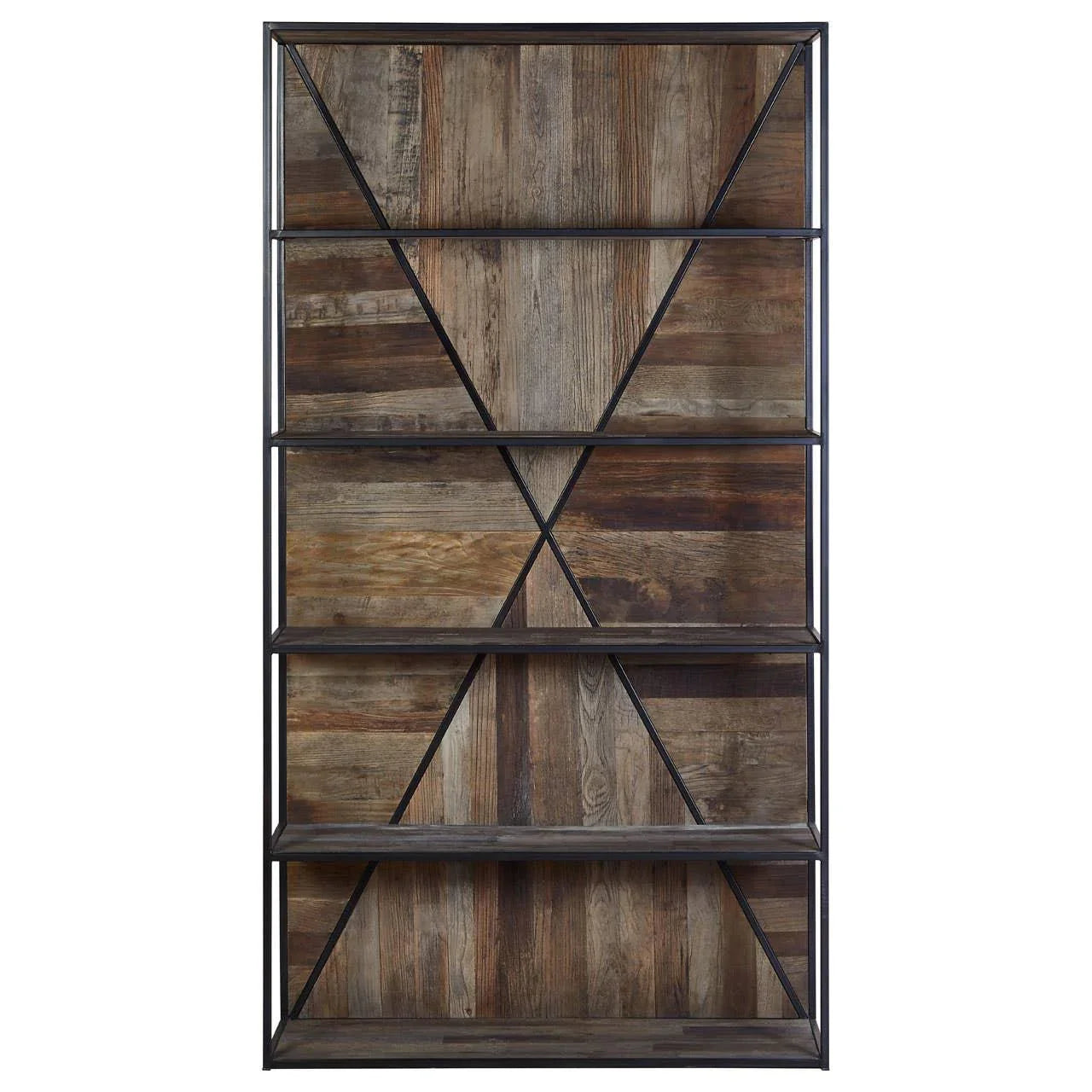 Industrial bookcase with black metal frame and four wooden shelves, geometric back design