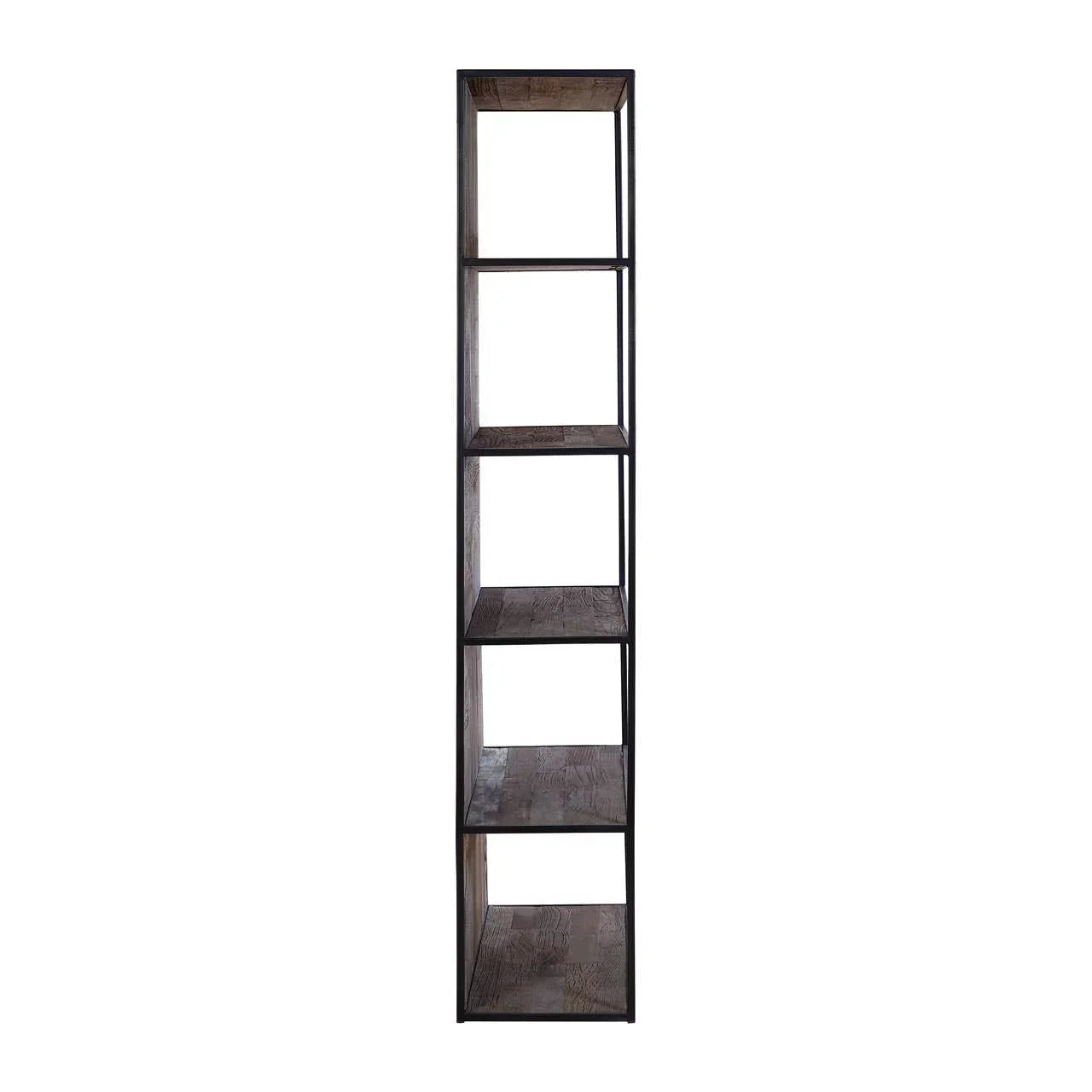 Tall industrial bookcase with black metal frame and five wooden shelves, front view