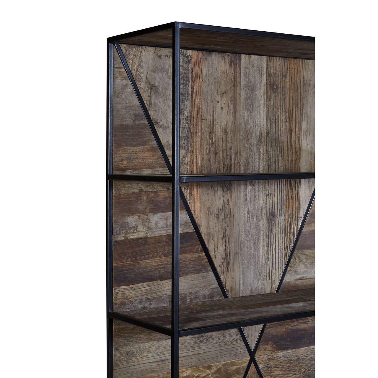 Industrial style bookcase with rustic wood shelves and black metal frame, side view