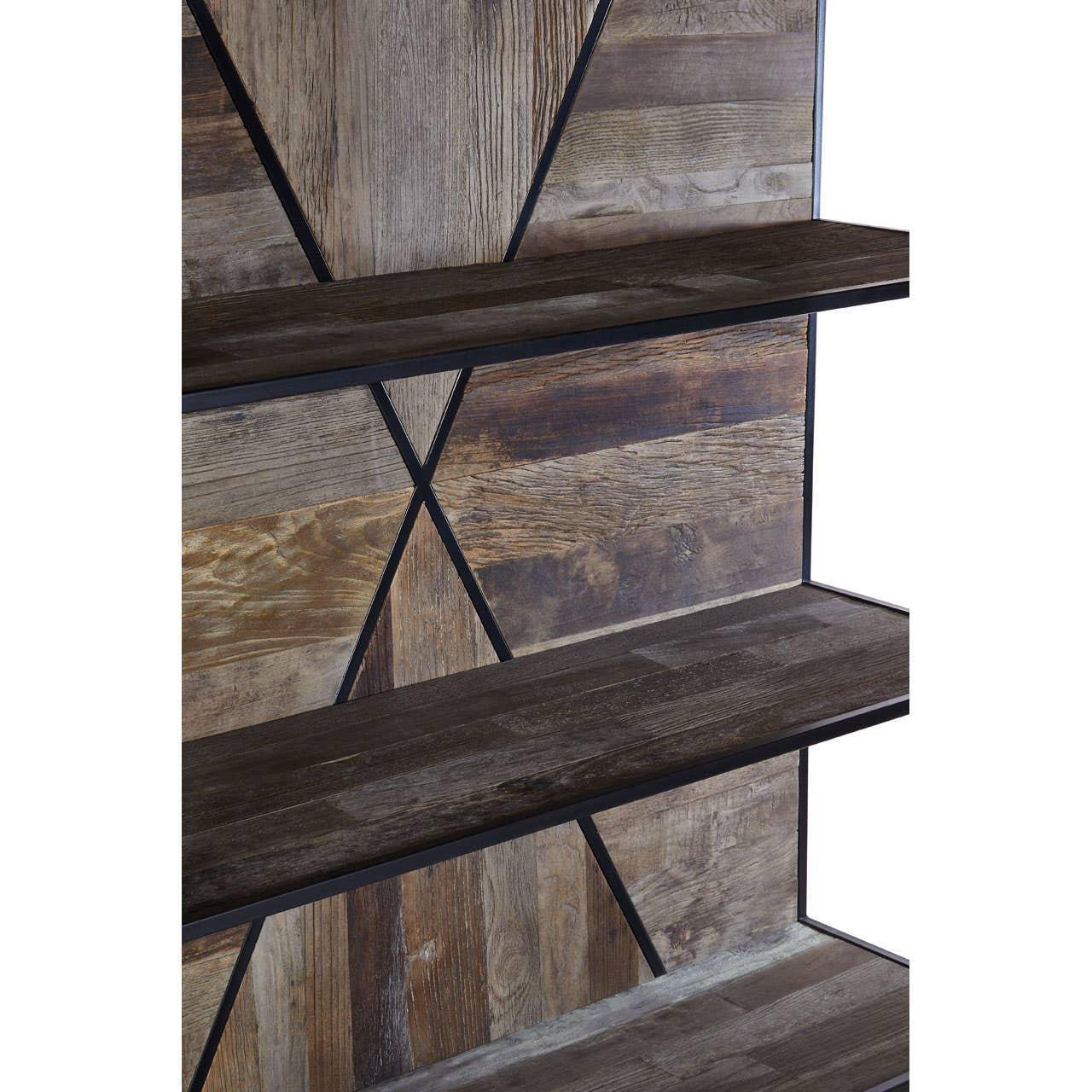 Closeup of wooden shelving unit with metal frame and rustic panel detailing