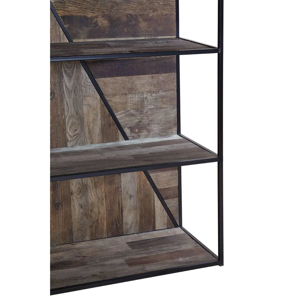 Industrial wood and metal shelving unit with rustic panels and open shelves detail