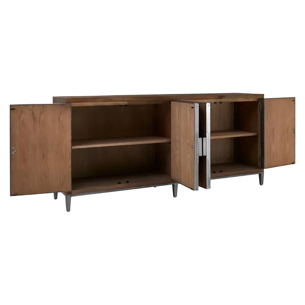 Wooden sideboard with open cabinet doors and internal shelves, metal legs visible