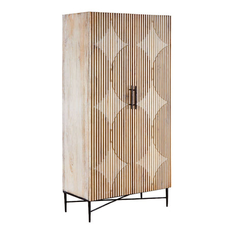 Tall wardrobe made of grey wash elm wood featuring a textured surface with vertical grooves and diamond-shaped patterns. The wardrobe has two doors with a sleek metal handle and stands on slender metal legs, giving it a modern and stylish appearance