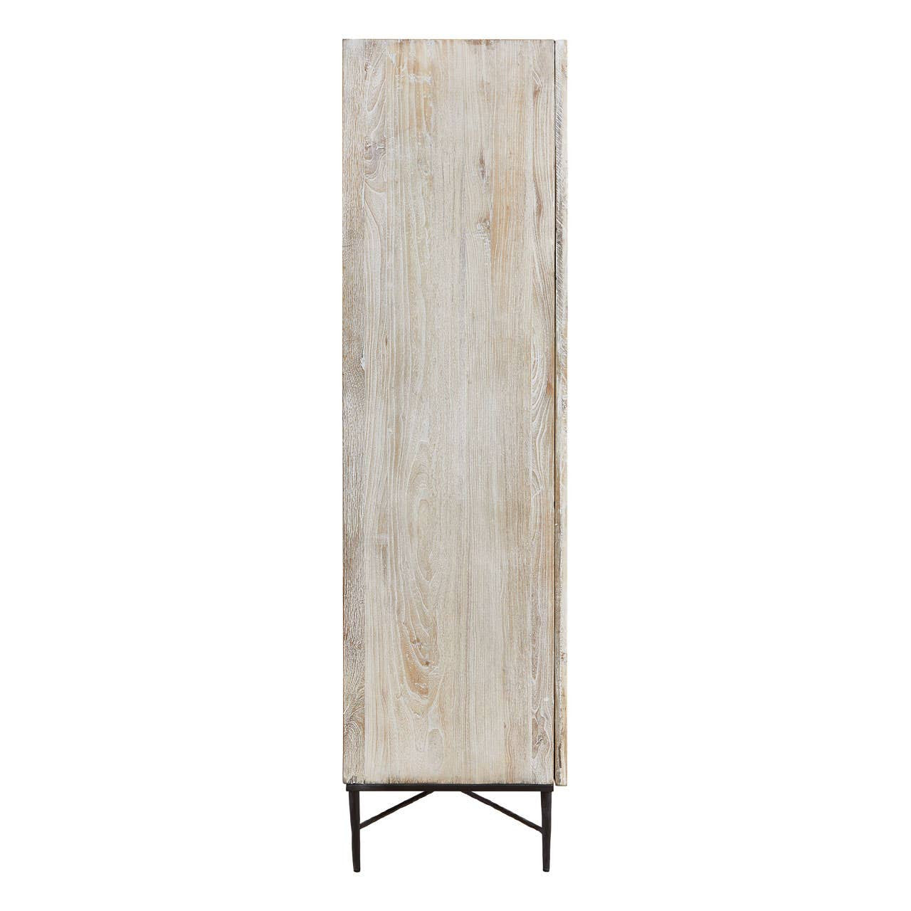 Tall wardrobe made of grey wash elm wood, featuring a smooth, textured surface with natural wood grain patterns. The wardrobe stands on slender metal legs, providing a modern contrast to the wood. The overall design is minimalist and elegant, suitable for various interior styles