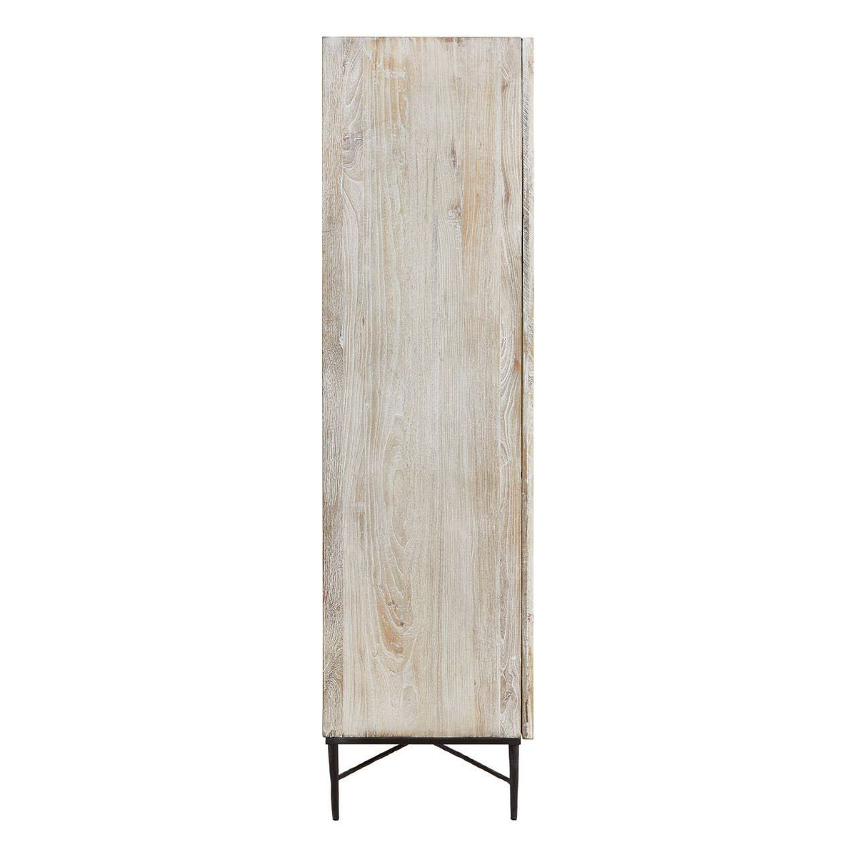 Tall wardrobe made of grey wash elm wood, featuring a smooth, textured surface with natural wood grain patterns. The wardrobe stands on slender metal legs, providing a modern contrast to the wood. The overall design is minimalist and elegant, suitable for various interior styles