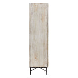 Tall wardrobe made of grey wash elm wood, featuring a smooth, textured surface with natural wood grain patterns. The wardrobe stands on slender metal legs, providing a modern contrast to the wood. The overall design is minimalist and elegant, suitable for various interior styles