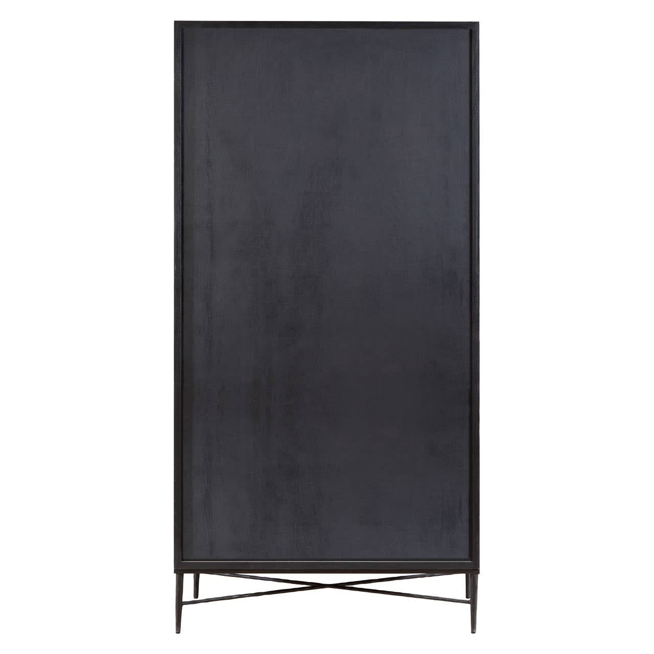 Tall wardrobe featuring a grey wash finish on elm wood, with a sleek, minimalist design. The wardrobe has a flat front and is supported by a modern metal base, showcasing clean lines and a contemporary aesthetic
