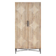 Grey wash elm wood wardrobe featuring two doors with a geometric pattern and a sleek metal handle, supported by a modern metal base. The natural wood finish highlights the grain and texture, adding a stylish touch to any room