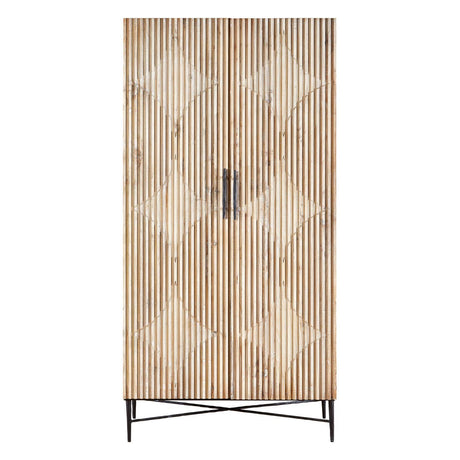 Grey wash elm wood wardrobe featuring two doors with a geometric pattern and a sleek metal handle, supported by a modern metal base. The natural wood finish highlights the grain and texture, adding a stylish touch to any room