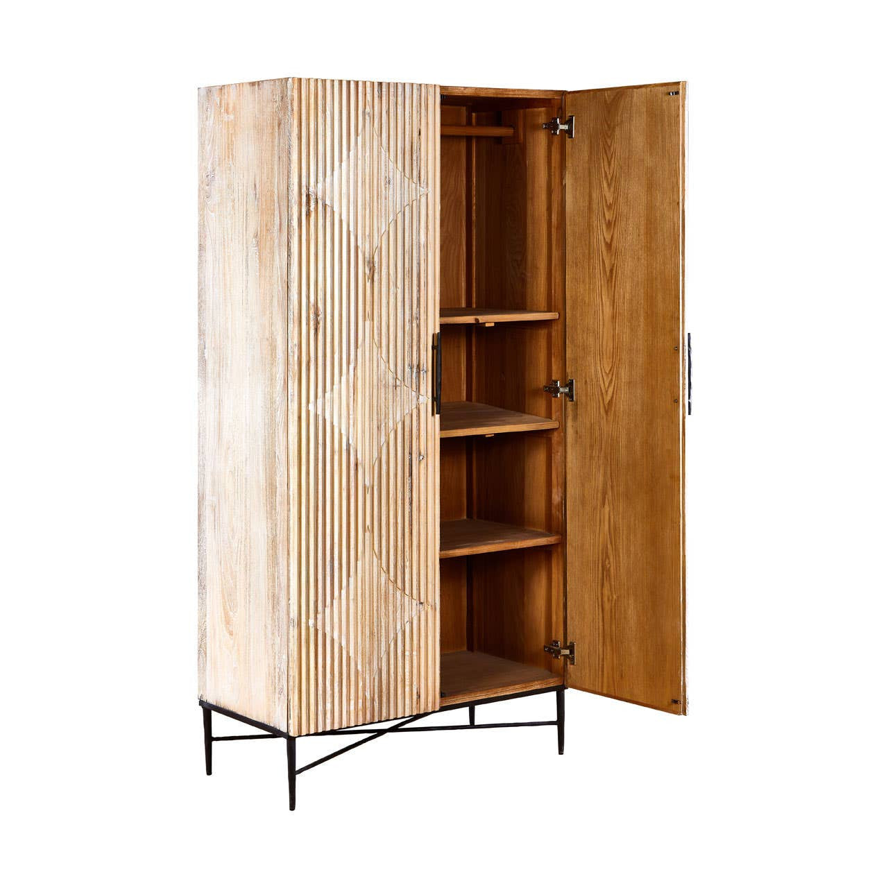 Grey wash elm wood wardrobe with a textured exterior, featuring two doors that open to reveal three interior shelves. The wardrobe is supported by sleek metal legs, adding a modern touch to its rustic design