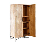 Grey wash elm wood wardrobe with a textured exterior, featuring two doors that open to reveal three interior shelves. The wardrobe is supported by sleek metal legs, adding a modern touch to its rustic design