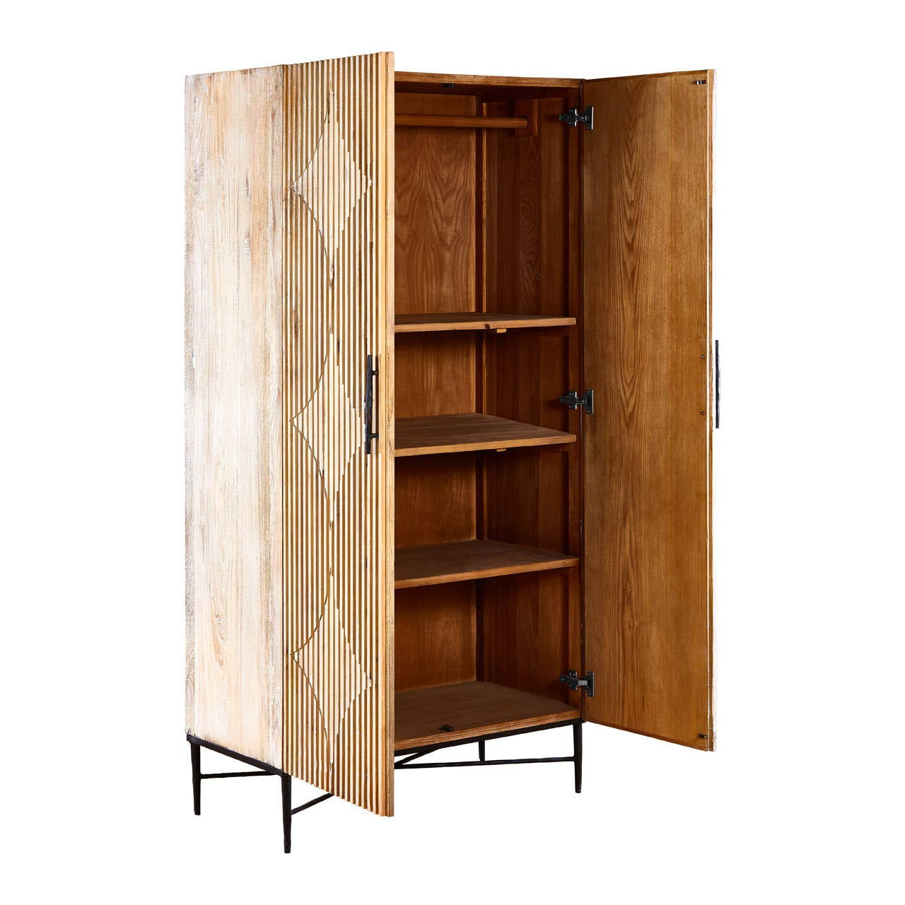 A grey wash elm wood wardrobe with a diamond pattern on the doors, featuring two open doors that reveal three interior shelves and a spacious compartment. The wardrobe stands on sleek metal legs, showcasing a modern design suitable for home decor