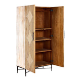 A grey wash elm wood wardrobe with a diamond pattern on the doors, featuring two open doors that reveal three interior shelves and a spacious compartment. The wardrobe stands on sleek metal legs, showcasing a modern design suitable for home decor
