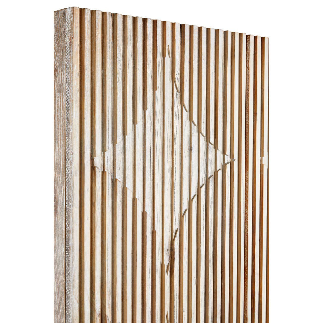 Vertical slatted design of a wardrobe in grey wash elm wood, featuring a diamond-shaped cutout in the center. The wood has a natural finish with visible grain patterns, creating a modern and stylish appearance