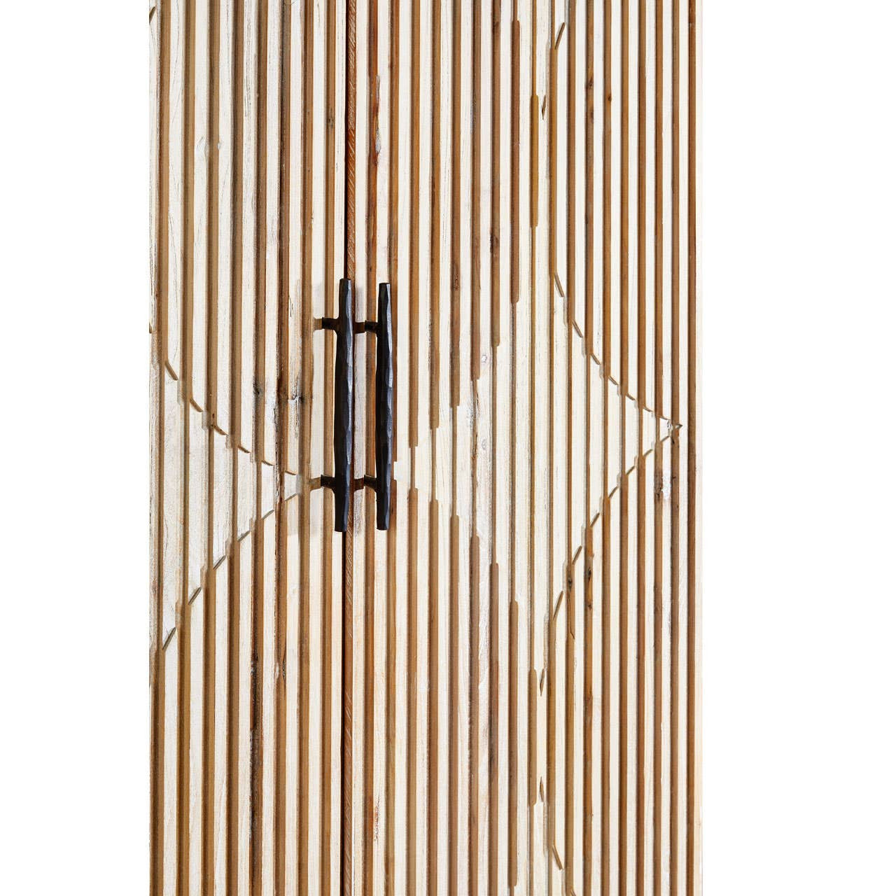 Grey wash elm wood wardrobe featuring vertical slatted design with a decorative diamond pattern and a sleek black handle. The natural wood tones create a warm and inviting look, suitable for modern home decor