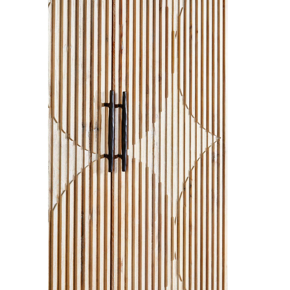 Grey wash elm wood wardrobe featuring vertical slatted design with a decorative diamond pattern and a sleek black handle. The natural wood tones create a warm and inviting look, suitable for modern home decor