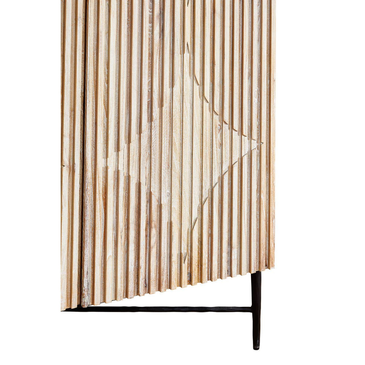 Grey wash elm wood wardrobe featuring vertical slats and a geometric design on the door, complemented by a sleek black metal base. The overall finish gives a modern and stylish look suitable for various interior designs