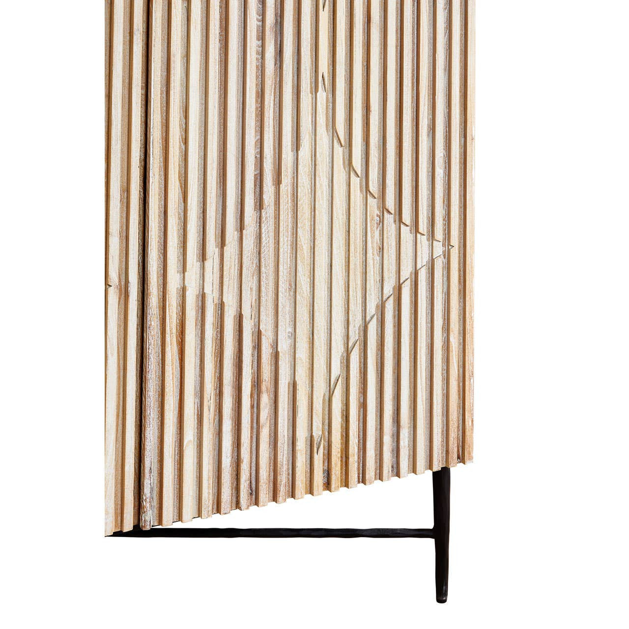 Grey wash elm wood wardrobe featuring vertical slats and a geometric design on the door, complemented by a sleek black metal base. The overall finish gives a modern and stylish look suitable for various interior designs