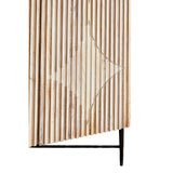 Grey wash elm wood wardrobe featuring vertical slats and a geometric design on the door, complemented by a sleek black metal base. The overall finish gives a modern and stylish look suitable for various interior designs