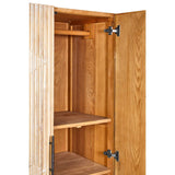 The interior of a grey wash elm wood wardrobe featuring two wooden shelves and a hanging rod, with the doors opened to reveal the storage space. The wood grain is visible, showcasing a natural finish