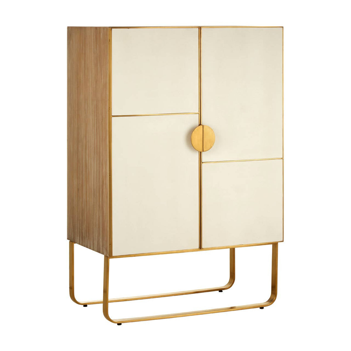 A stylish cabinet featuring a combination of oak wood and brushed gold accents. The cabinet has two doors with a smooth, light-colored finish and a round gold handle, standing on a sleek gold metal base. The overall design is modern and elegant, suitable for home decor