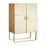 A stylish cabinet featuring a combination of oak wood and brushed gold accents. The cabinet has two doors with a smooth, light-colored finish and a round gold handle, standing on a sleek gold metal base. The overall design is modern and elegant, suitable for home decor