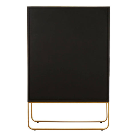 Tall cabinet featuring a sleek black wood finish with a minimalist design, supported by a brushed gold metal base. The cabinet has a smooth surface and a contemporary aesthetic, suitable for modern home decor